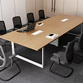 Modern Conference Room Interior With Wooden Table Gray Mesh Chairs And Laptop