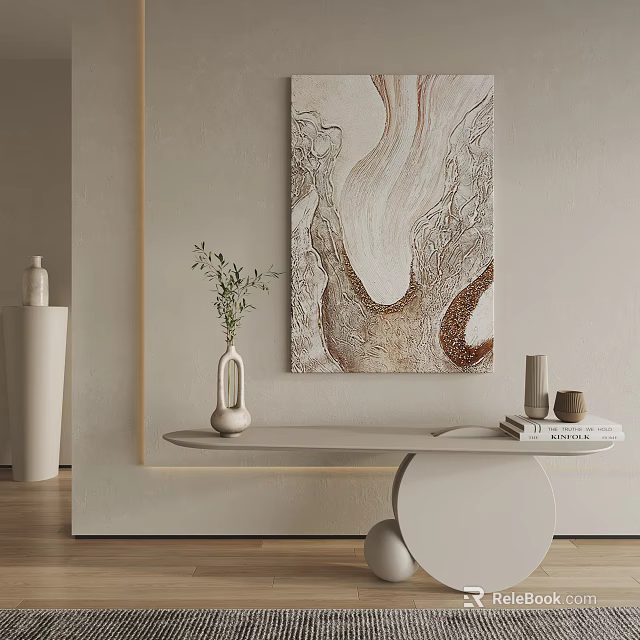 Abstract Painting on Beige Background Wall with White Long Table Vase Green Plant Books and Ornaments 3d model 