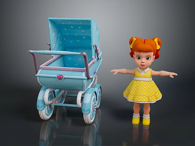 Girl With Red Pigtails In Yellow Polka Dot Dress By Blue Baby Carriage Arms Outstretched 3d model