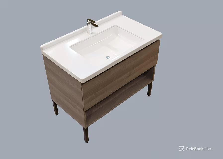Modern Washbasin Vanity With White Countertop Sink Wooden Cabinet And Black Metal Legs 3d model 