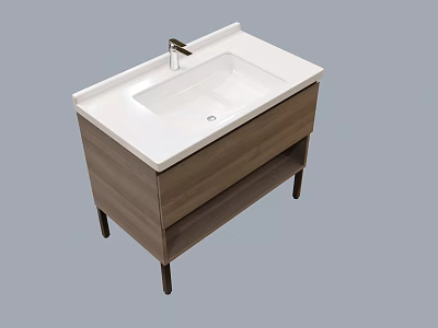 Modern Washbasin Vanity With White Countertop Sink Wooden Cabinet And Black Metal Legs 3d model