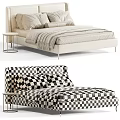 White and Orange Headboard Double Bed with Pillows Striped Blanket and Nightstand