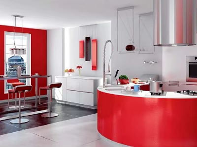 Red And White Modern Restaurant Kitchen Open With Island Bar Stools Cabinets Faucet And Appliances 3d model