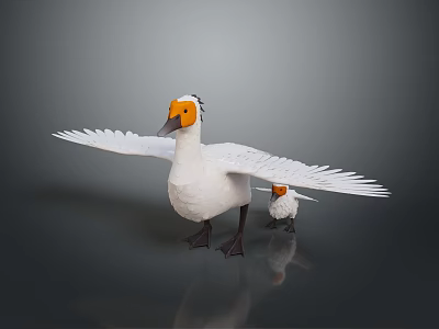White Goose with Orange Head and Spread Wings Accompanied by Baby Gosling on Gray Surface 3d model