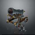 Antique Cannon With Blue Metal Barrel Wooden Carriage And Iron Cannonballs