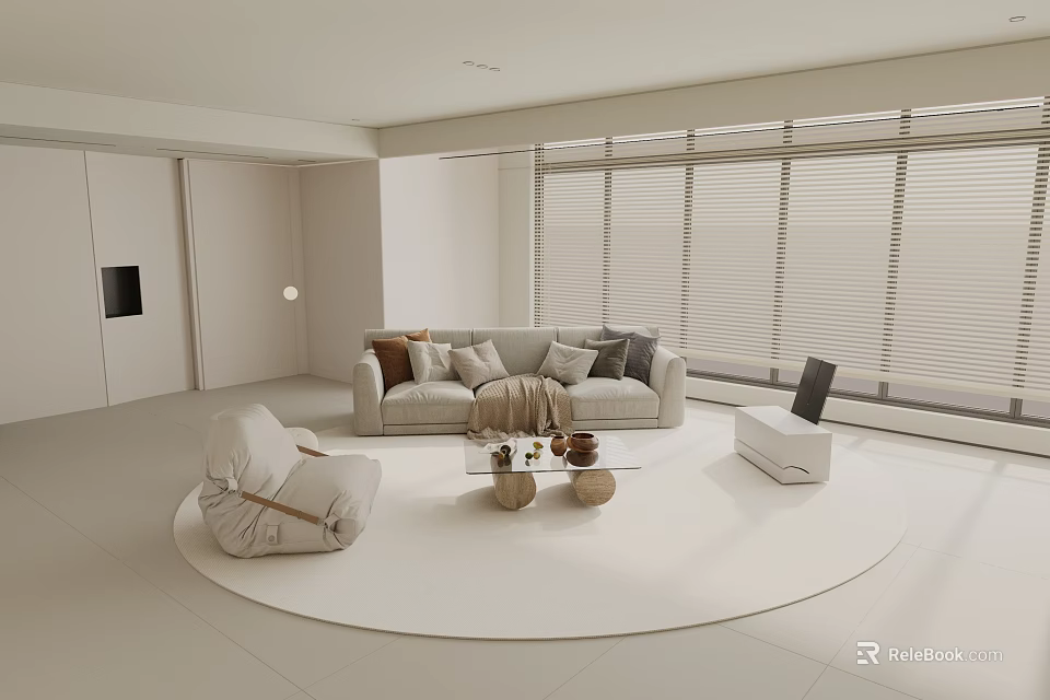 Modern Minimalist Cream Living Room With Plush Sofa Cozy Lounge Chair And Glass Coffee Table 3d model 
