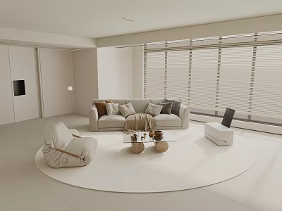 Modern Minimalist Cream Living Room With Plush Sofa Cozy Lounge Chair And Glass Coffee Table 3d model
