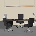 Minimalist Modern Office Desk Featuring Three Black Chairs Desk Lamp And Ceiling Lights