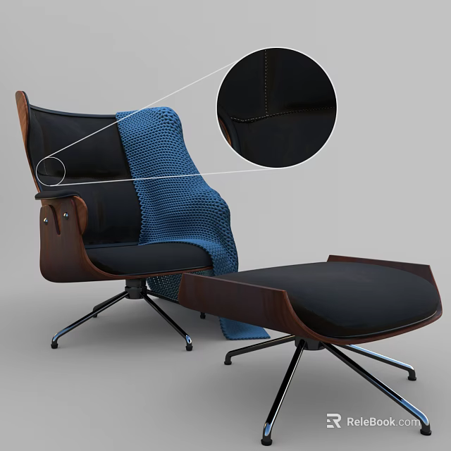 Ergonomic Office Chair With Wooden Frame Black Cushion Blue Knitted Blanket Ottoman Footrest 3d model 