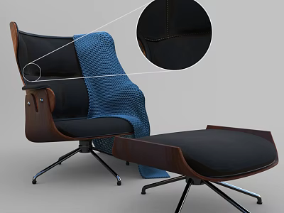 Ergonomic Office Chair With Wooden Frame Black Cushion Blue Knitted Blanket Ottoman Footrest 3d model