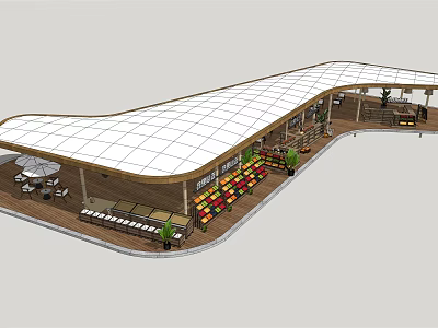 Modern Commercial Street With Curved White Roof Outdoor Seating Green Plants And Colorful Stalls 3d model