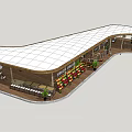 Modern Commercial Street With Curved White Roof Outdoor Seating Green Plants And Colorful Stalls