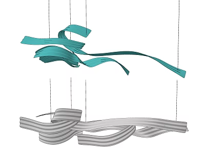 Modern Artistic Chandeliers With Teal Ribbon Design And Gray White Striped Hanging Structure 3d model