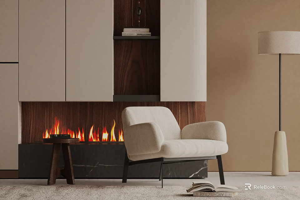 Cozy Lounge Chair By Fireplace With Wooden Decor Small Table And Floor Lamp 3d model 