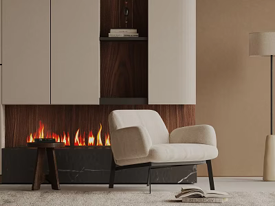 Cozy Lounge Chair By Fireplace With Wooden Decor Small Table And Floor Lamp 3d model