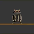 Cute Small Robot Figurine Standing On Brown Square Platform With Big Eyes