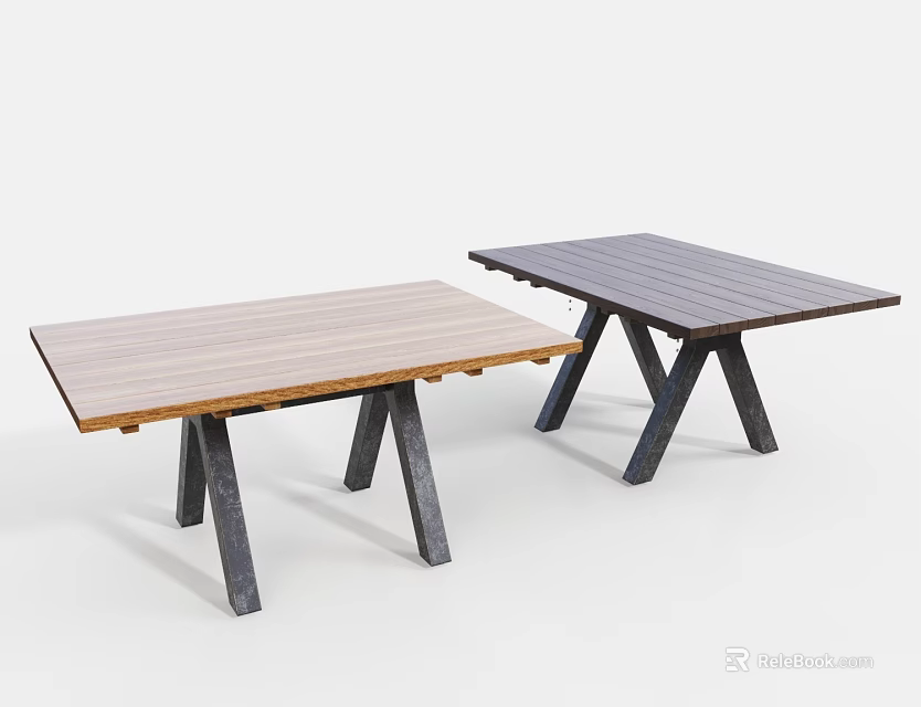 Two Modern Dining Tables With Wooden Tabletop And Black Legs Design 3d model 