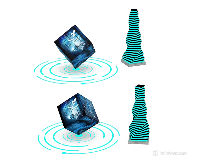 Decorative Ornament Set With Blue Cube Green Striped Cone And Rotating Ripples 3d model 