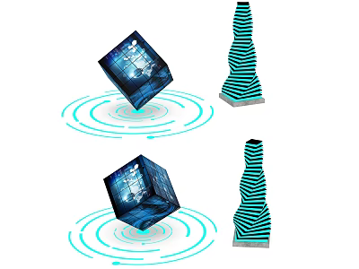 Decorative Ornament Set With Blue Cube Green Striped Cone And Rotating Ripples 3d model