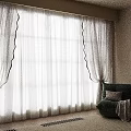 Sheer White Curtains With Pleated Design In Living Room With Green Sofa And Natural Light