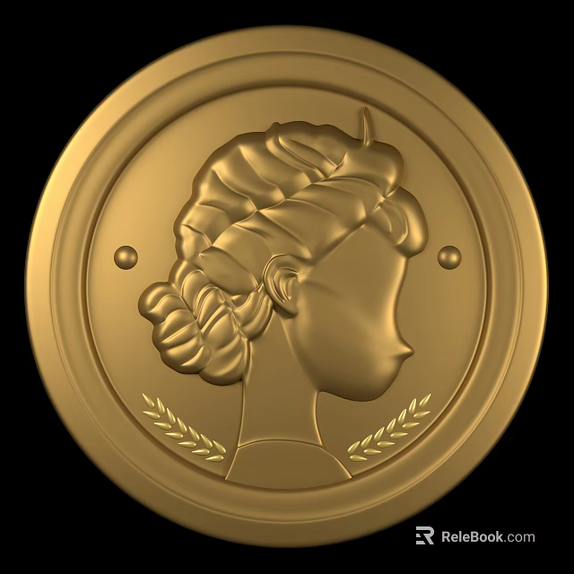 Golden Circular Jewelry Pendant Featuring Female Profile With Curled Hair Bun And Laurel Leaves 3d model 