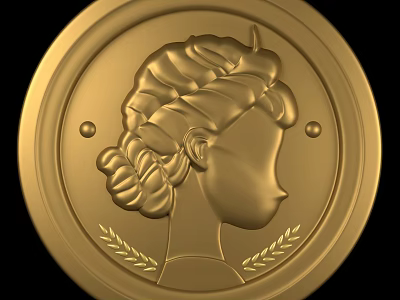 Golden Circular Jewelry Pendant Featuring Female Profile With Curled Hair Bun And Laurel Leaves 3d model