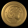 Golden Circular Jewelry Pendant Featuring Female Profile With Curled Hair Bun And Laurel Leaves