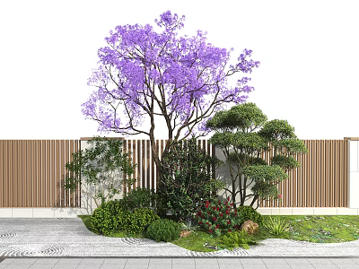 Purple Flowering Tree in Garden with Green Shrubs Wooden Fence and Stone Path 3d model