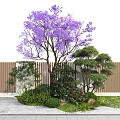 Purple Flowering Tree in Garden with Green Shrubs Wooden Fence and Stone Path