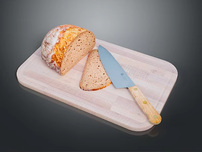 Fresh Sliced Bread On Wooden Cutting Board With Sharp Kitchen Knife 3d model