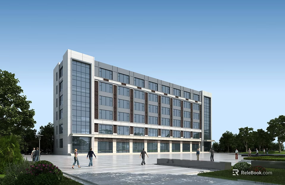 Modern Multi Story School Building With Glass Windows Trees And People Walking Near Entrance 3d model 