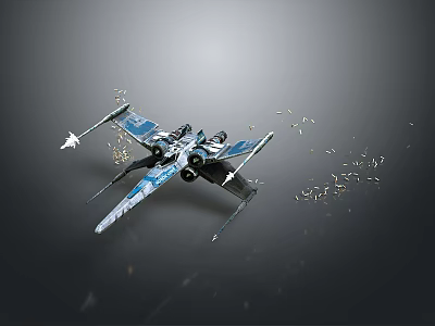 Blue And White Themed Aerospace Vehicle Flying In Dark Background With Debris Particles 3d model
