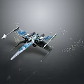 Blue And White Themed Aerospace Vehicle Flying In Dark Background With Debris Particles