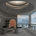 Contemporary Lounge Area With Circular Chandelier Sofa And City View Through Large Windows
