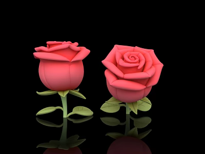 Beautiful Pink Roses With Green Leaves On Black Background And Reflections 3d model