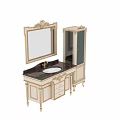 Ornate Classical Bathroom Vanity With Gold Accents Marble Top Mirror And Glass Cabinet