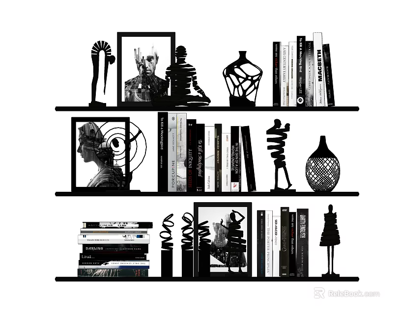 Decorative Ornament Combination on Shelves with Sculptures Photo Frames Vases and Books 3d model 