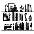 Decorative Ornament Combination on Shelves with Sculptures Photo Frames Vases and Books