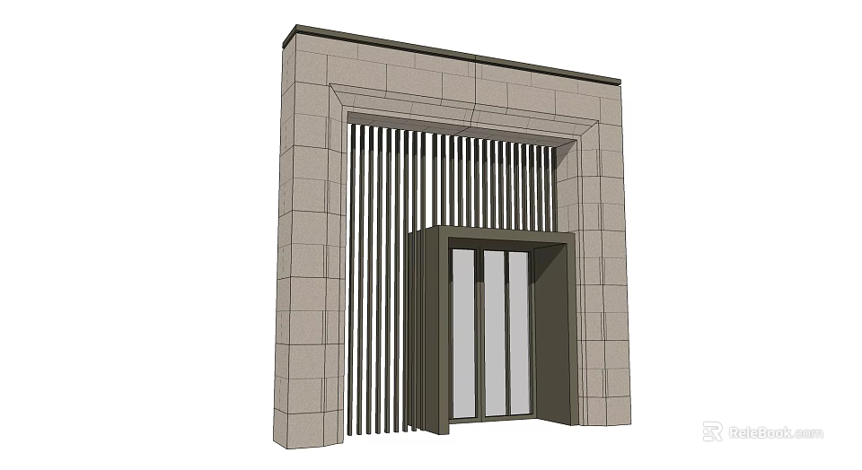 Modern Entrance Gate Design With Stone Frame Vertical Slats And Glass Door 3d model 