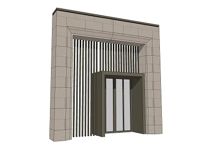 Modern Entrance Gate Design With Stone Frame Vertical Slats And Glass Door 3d model