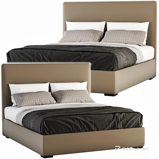 Modern Double Bed With Beige Headboard And Black White Bedding Checkered Pillows 3d model