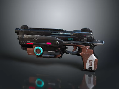 Futuristic Sci Fi Pistol With Metallic Body Wooden Grip And Blue Red Glowing Accents 3d model
