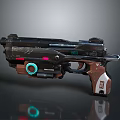 Futuristic Sci Fi Pistol With Metallic Body Wooden Grip And Blue Red Glowing Accents