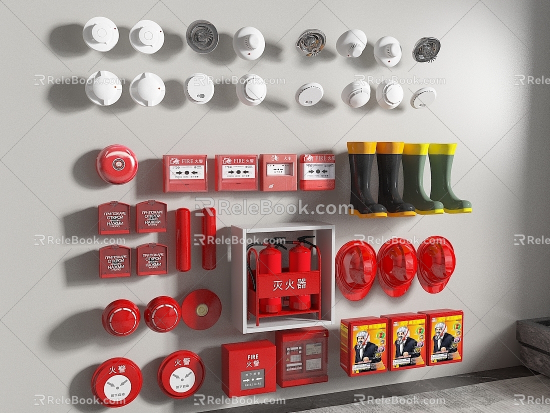 Fire hydrant fire extinguisher fire door smoke sense fire equipment lighting lamp alarm safety exit safety helmet water shoes 3d model