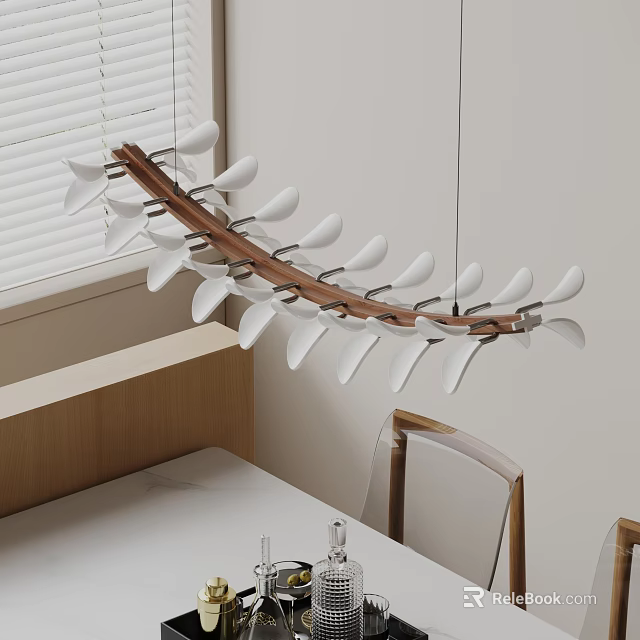 Stylish Modern Chandelier with Curved Wooden Frame and White Petal Shades in Dining Room 3d model 