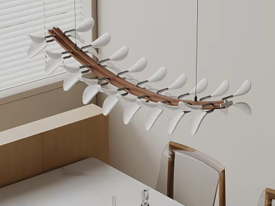 Stylish Modern Chandelier with Curved Wooden Frame and White Petal Shades in Dining Room 3d model