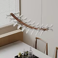 Stylish Modern Chandelier with Curved Wooden Frame and White Petal Shades in Dining Room