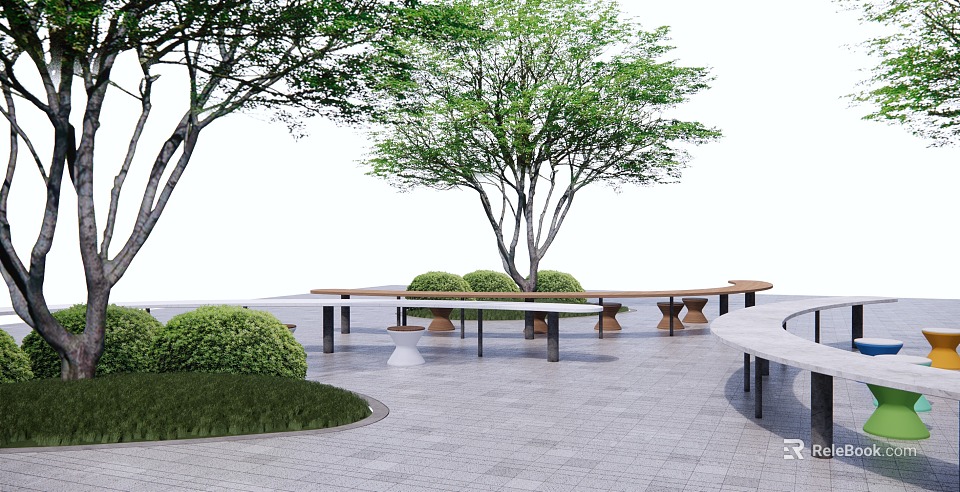 Modern Wooden Outdoor Chairs In Garden With Green Trees Lawn And Stone Pavement 3d model 