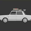 White Classic Car With Luggage On Roof And Reflective Surface