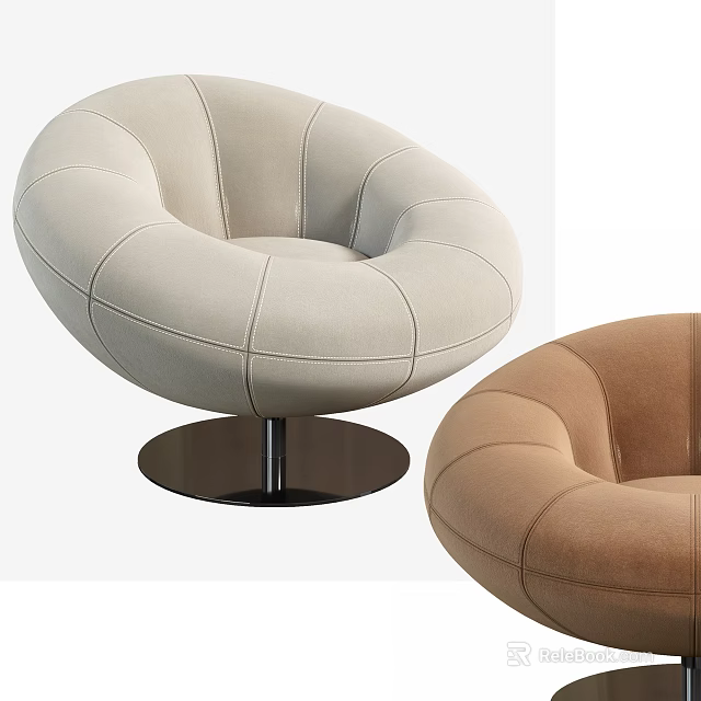 Round Single Sofa With Beige And Brown Upholstery Stitched Design Metal Base 3d model 